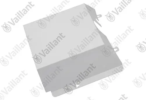 Weißer Brennerabdeckung von Vaillant, rechteckige Form mit seitlichen Befestigungsnasen. Geeignet für bestimmte Modelle und als Teil der Heizungsanlage.